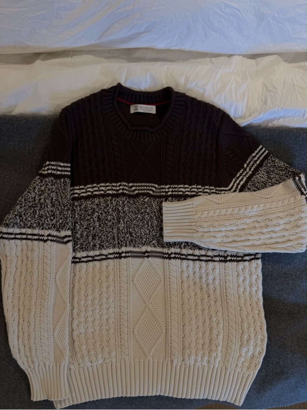 Brunello Cucinelli Crewneck Cable-Knit Sweater in Cream & Dark Brown